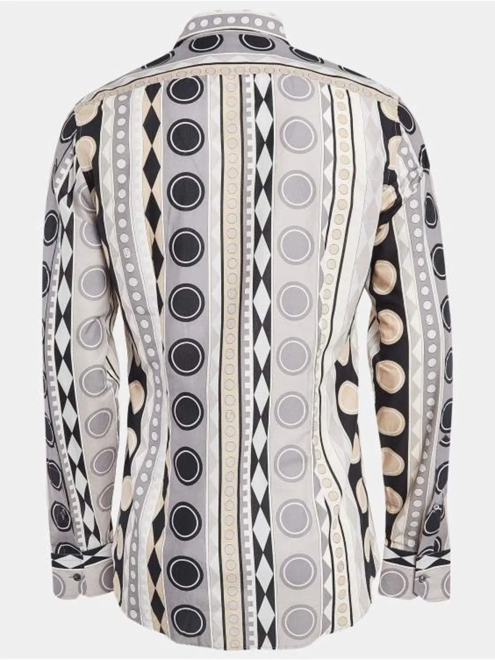 GUCCI Striped Geometric Print Button-Up Shirt in Black, Gray & Cream